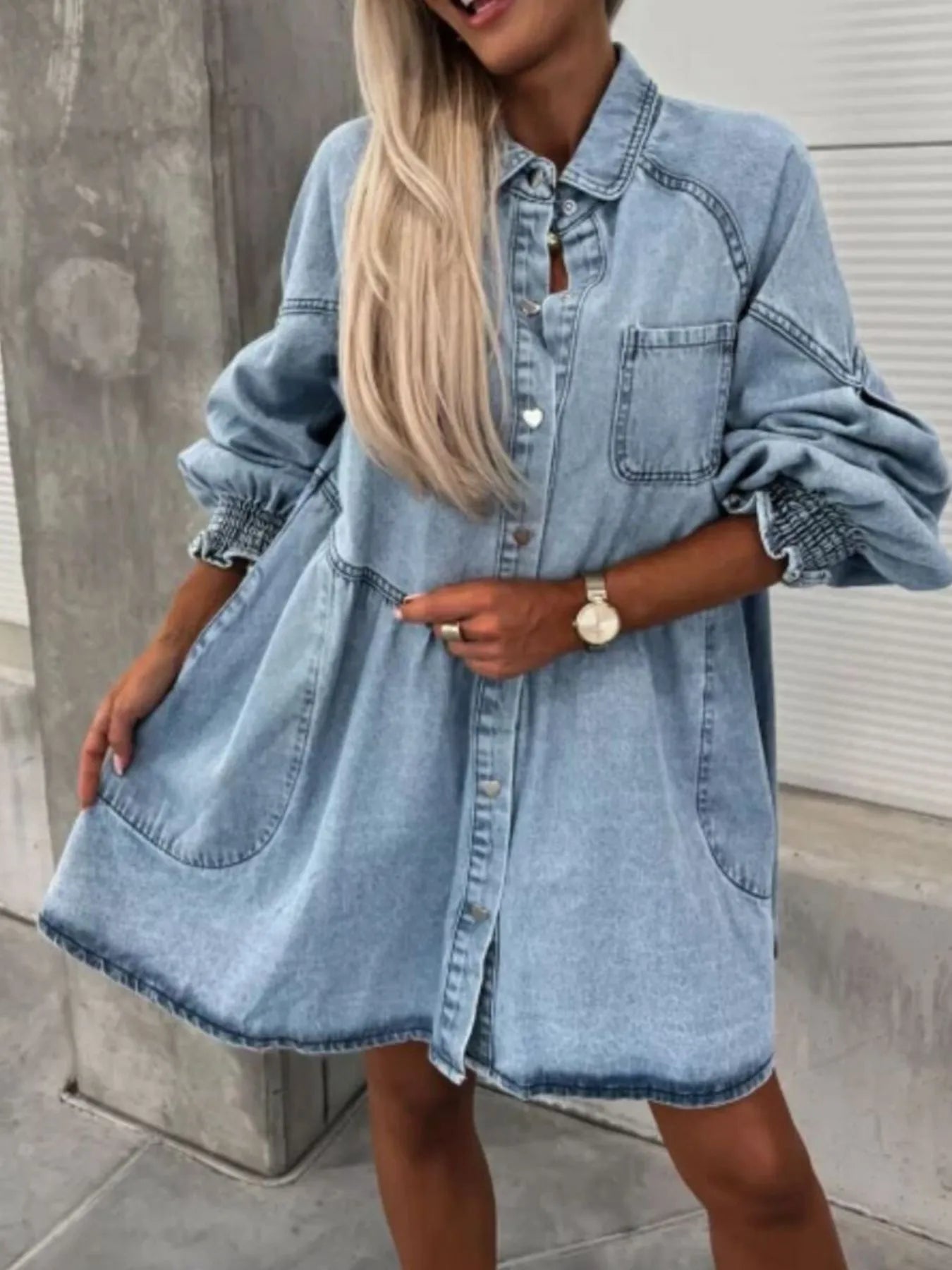 Trendy Oversized Long Sleeve Denim Dress with Button Up Closure and Pockets - 100% Polyester