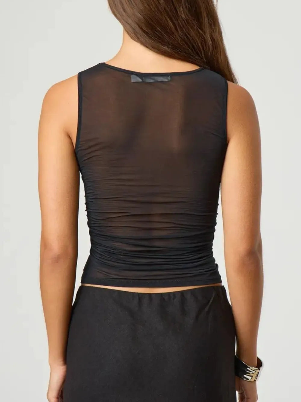 Trendy Ruched Round Neck Tank Top - Semi-Sheer, Moderate Stretch, 65% Polyester, 35% Cotton
