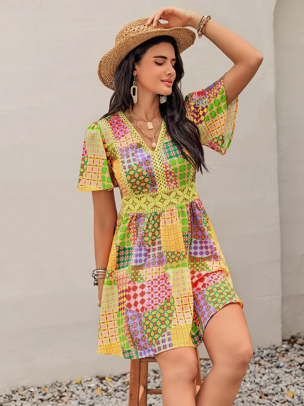 Crochet Trim Printed V-Neck Short Sleeve Mini Dress