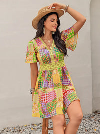 Crochet Trim Printed V-Neck Short Sleeve Mini Dress