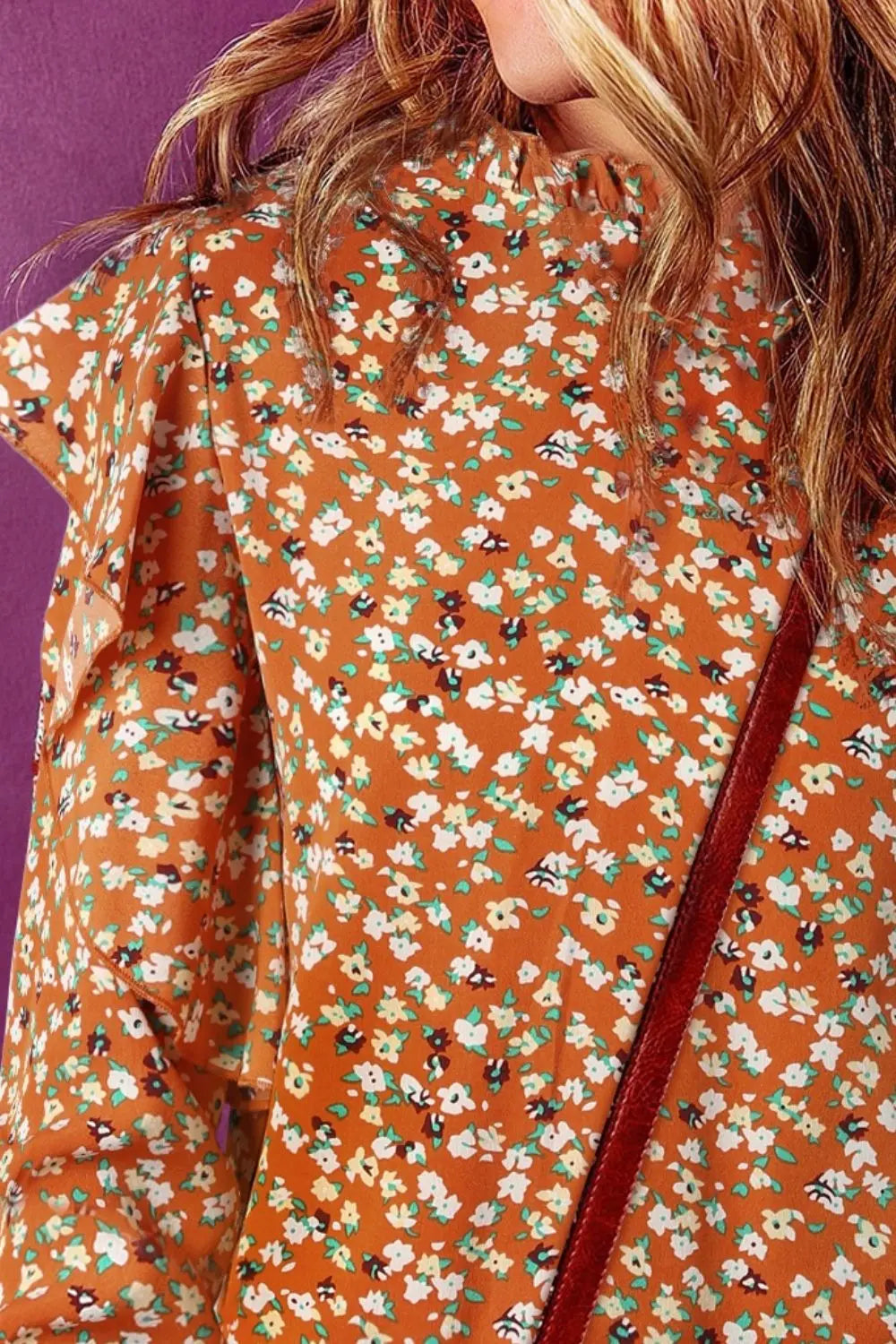 Sheer Floral Ruffled Long Sleeve Blouse - Opaque, Slightly Stretchy, 100% Polyester