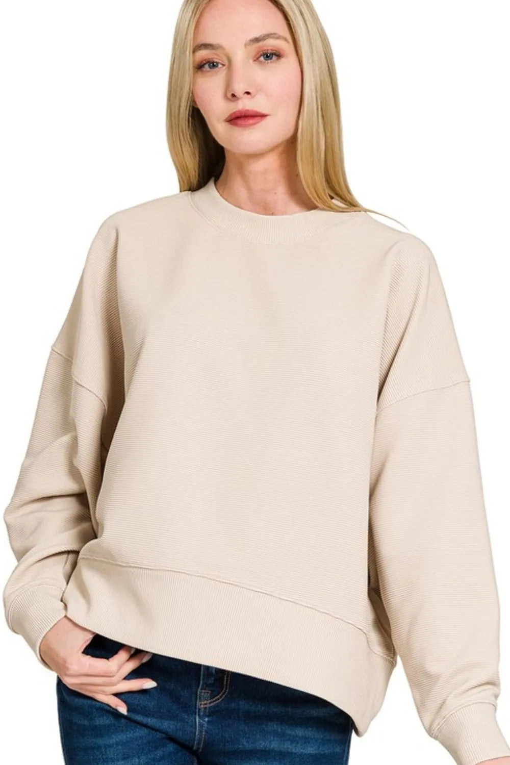 Trendy Zenana Ribbed Balloon Sleeve Sweatshirt - Cozy Oversized Pullover for Effortless Style