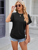 Slightly Stretchy Ruched Round Neck Short Sleeve T-Shirt for Women - Casual Basic Tops - Store 42