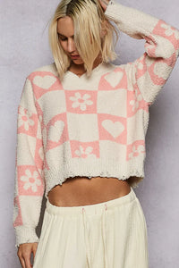 POL V-Neck Heart Pattern Checkered Sweater