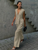 V-Neck Vest and Pants Set Apricot