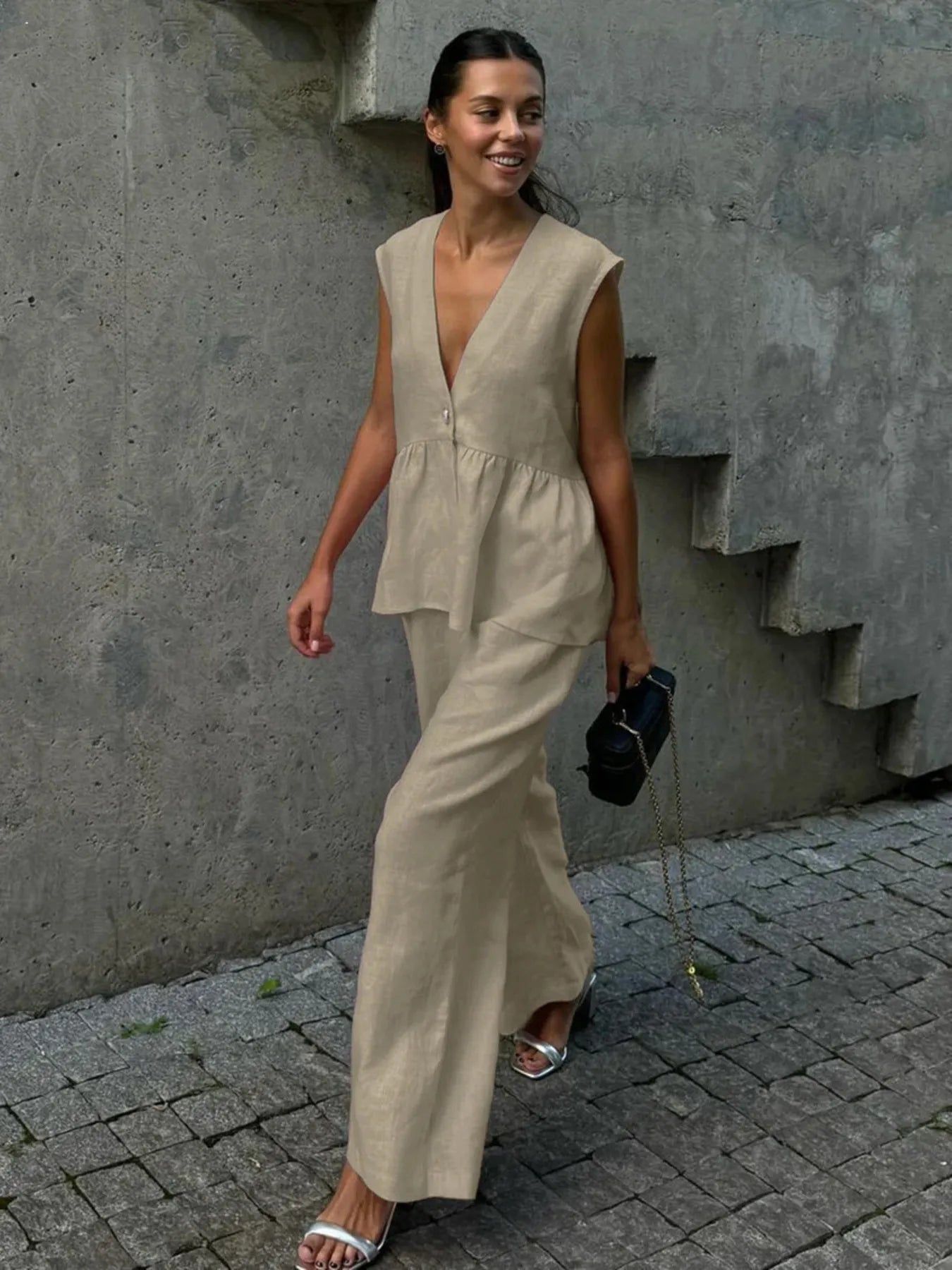 V-Neck Vest and Pants Set Apricot