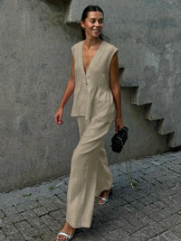 V-Neck Vest and Pants Set Apricot