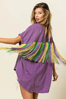 BiBi Vintage Bohemian Purple Washed T-Shirt with Butterfly Embroidery and Fringe Sleeves - Store 42