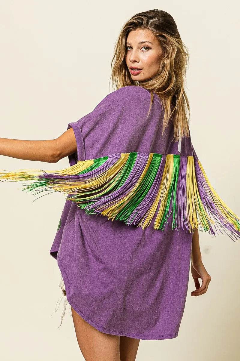 BiBi Vintage Bohemian Purple Washed T-Shirt with Butterfly Embroidery and Fringe Sleeves - Store 42