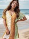 Openwork Color Block V-Neck Short Sleeve Cover-Up Mustard