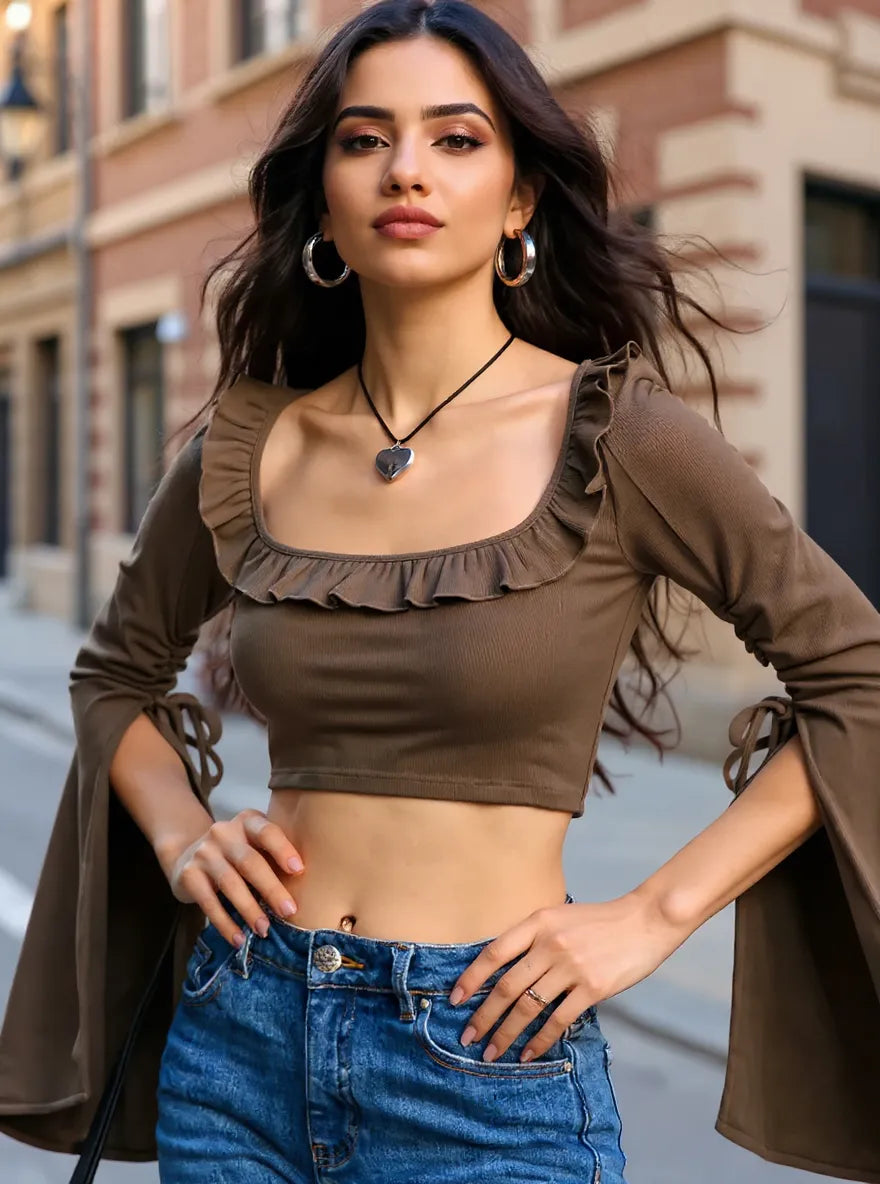 Trendsi Ruffled Square Neck Long Sleeve Top with Tie Detail - Slightly Stretchy Rayon Blend