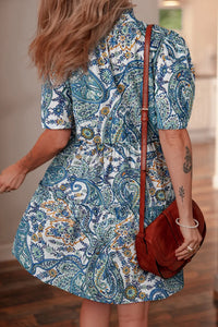 Paisley Floral V Neck Short Sleeve Mini Dress