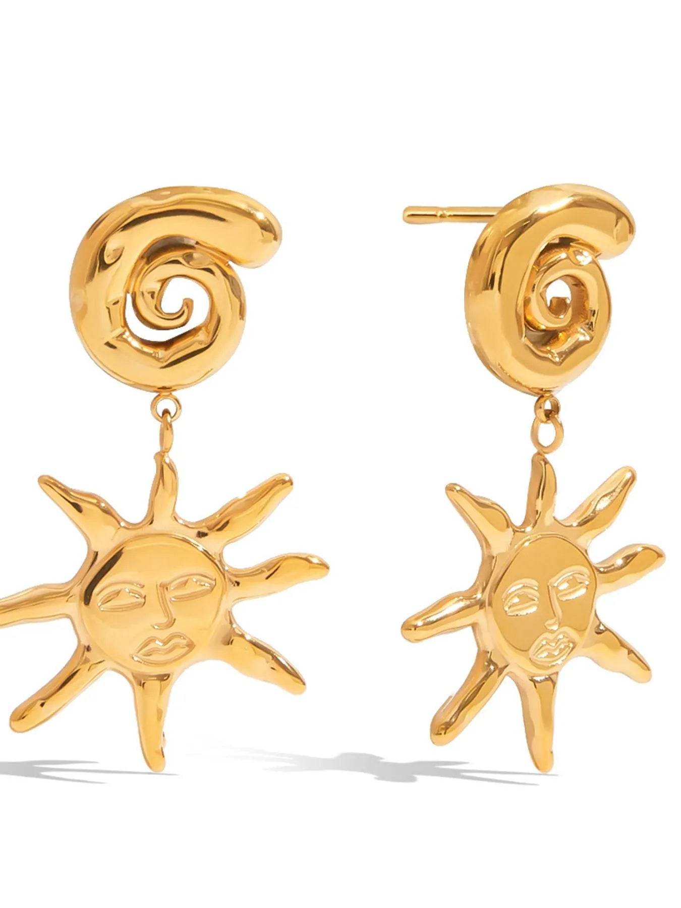 18K Gold-Plated Celestial Sun Drop Earrings with Spiral Stud, Hypoallergenic and Elegant Design - Store 42