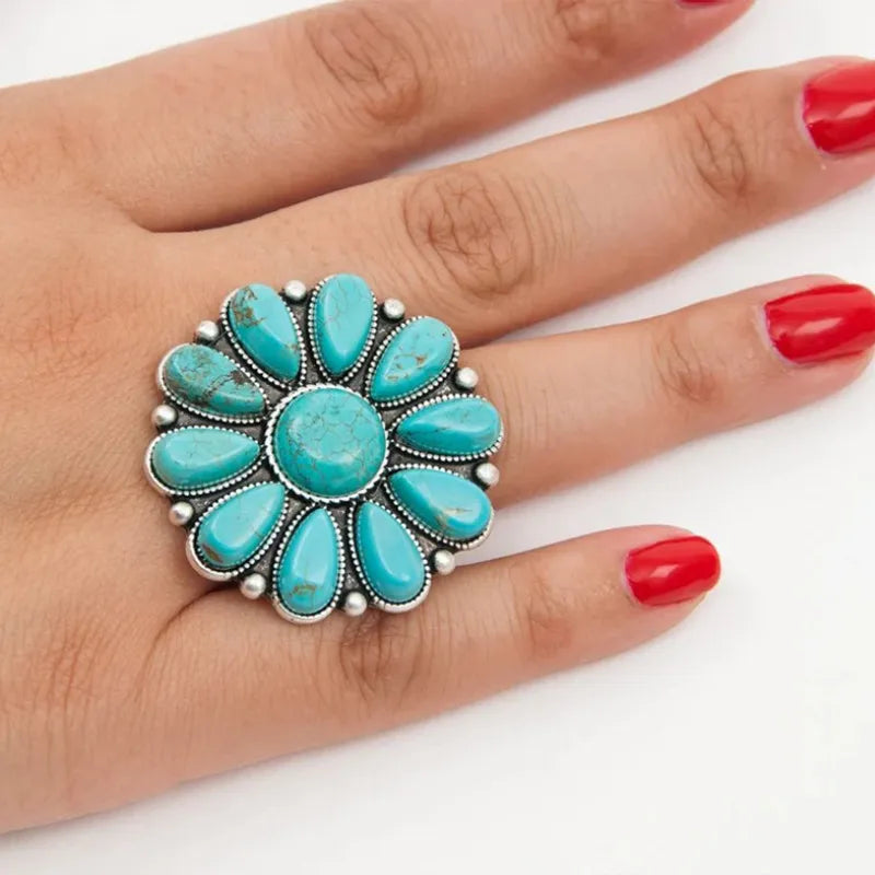 Stylish Artificial Turquoise Alloy Flower Ring - Unique Floral Design for Everyday Elegance