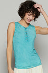 POL Half Button Round Neck Washed Tank Turquoise