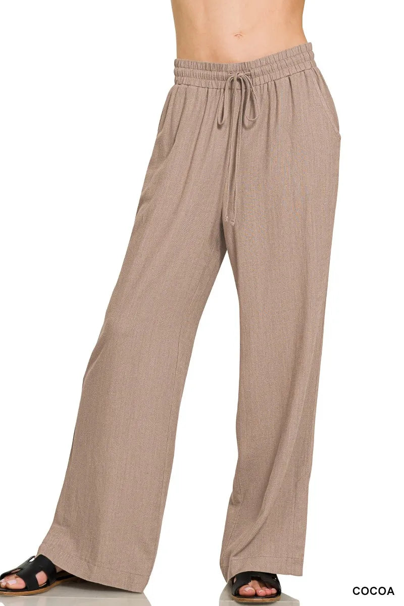 Zenana Casual Wide Leg Drawstring Pants in Taupe - Elastic Waist, Soft Linen-Rayon Blend