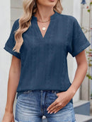 Trendy Eyelet Notched Short Sleeve Top in 65% Rayon - Stylish & Versatile Women's Wear - Store 42