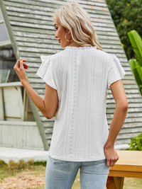 Trendsi Eyelet Notched Short Sleeve T-Shirt with Ruffled Frills - Slightly Stretchy Fabric - Store 42