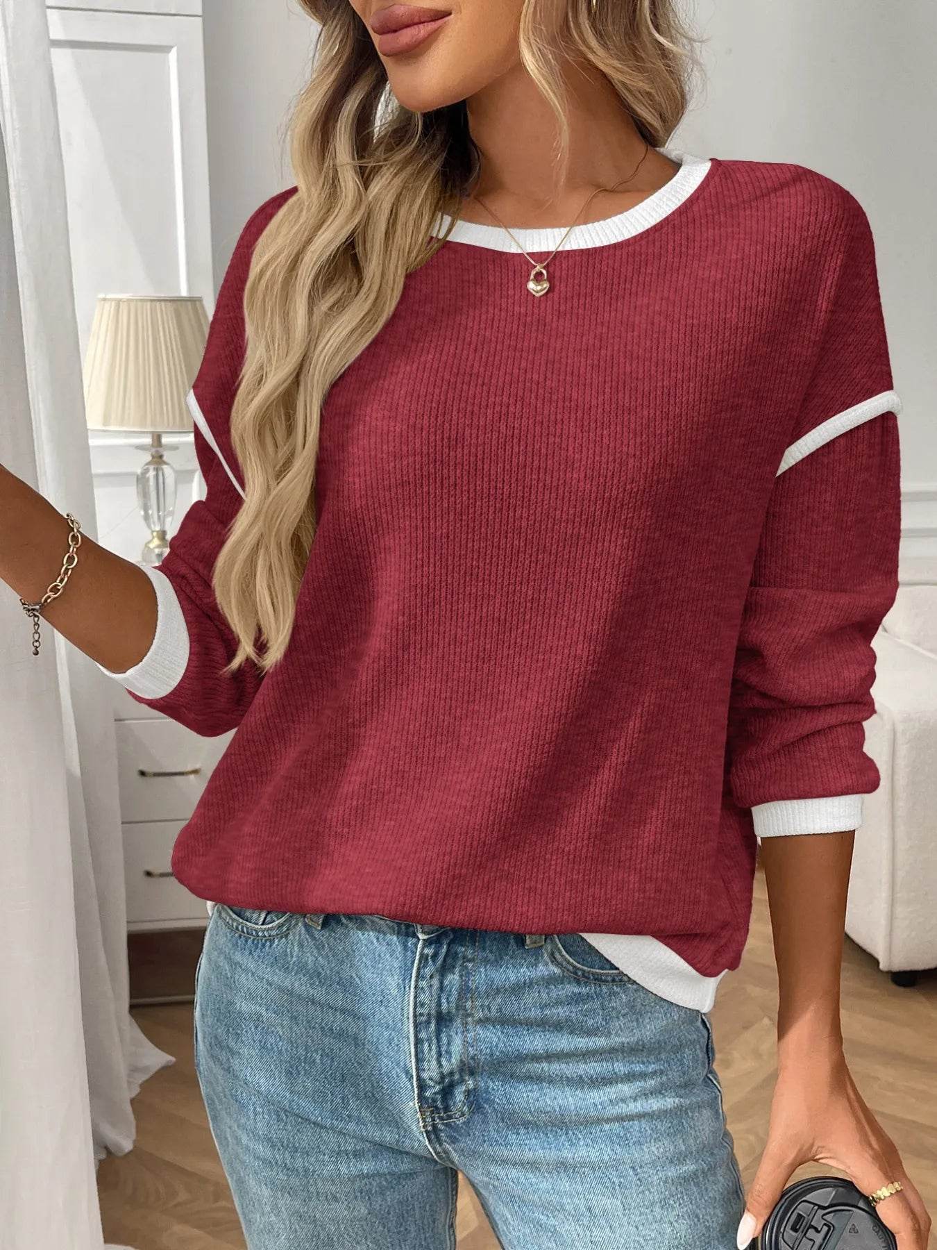 Slightly Stretchy Ribbed Long Sleeve Top with Contrast Trim - Elegant Basic Style - Store 42