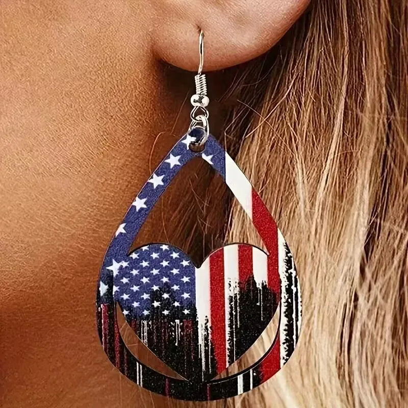 Wooden US Flag Pattern Earrings - Unique Alloy & Wood Design, Lightweight & Stylish