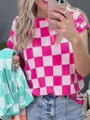 Checkered Cap Sleeve Casual Sweater Top