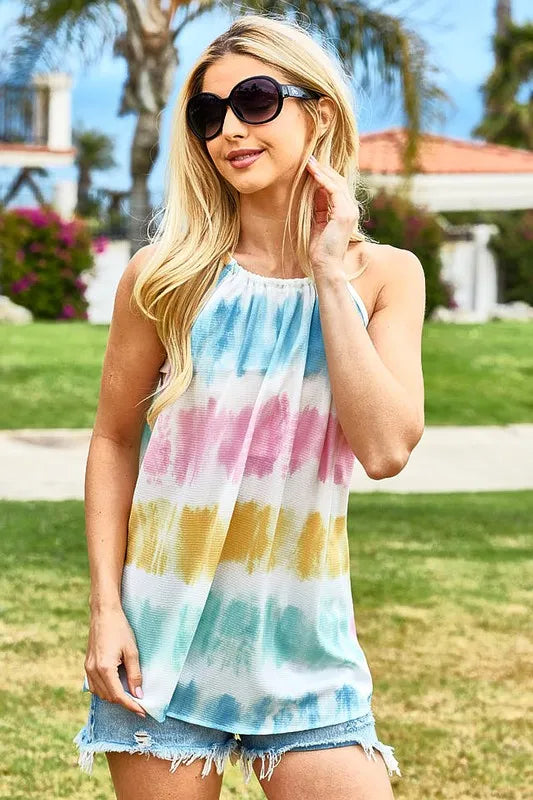 Vibrant Multi-Color Tie-Dye Halter Neck Top - Lightweight Crepe Woven Bohemian Style