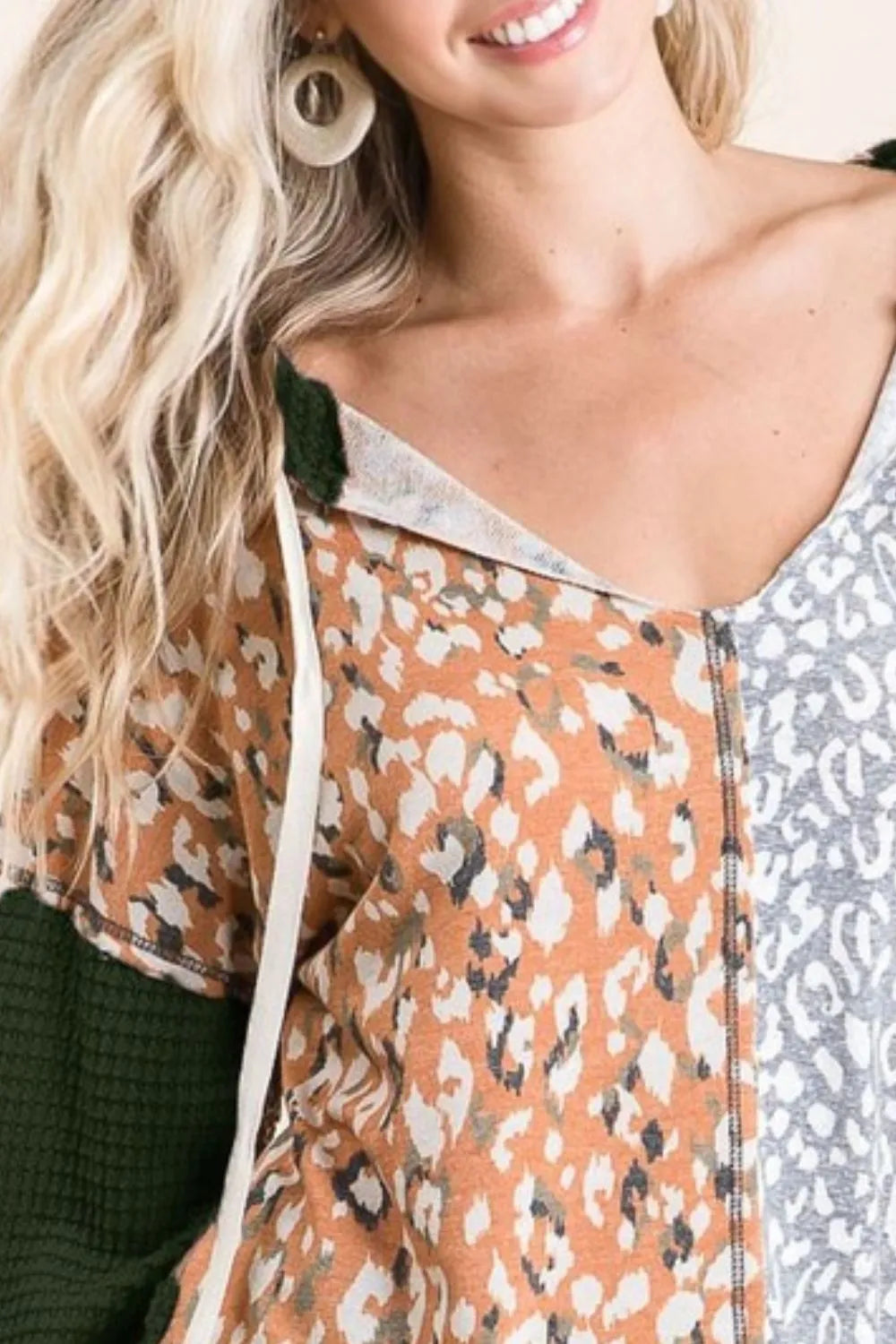 BiBi Popcorn Waffle Knit Hoodie with Print Block Front