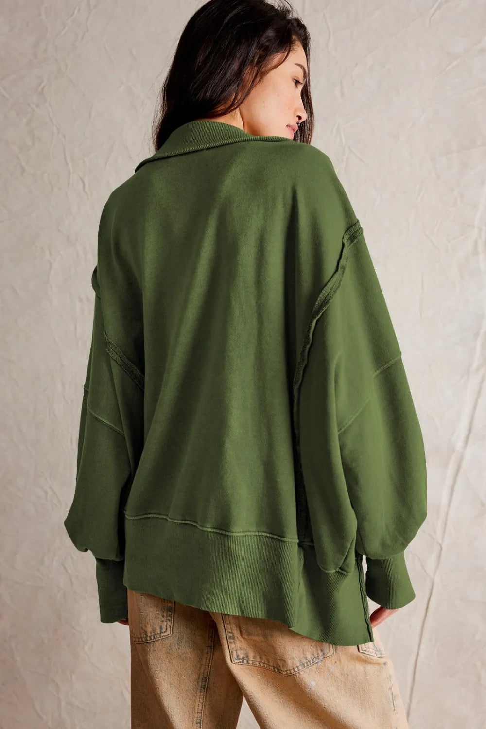 Trendy Exposed Seam Long Sleeve Sweatshirt With High-Low Side Slit - Cozy Style