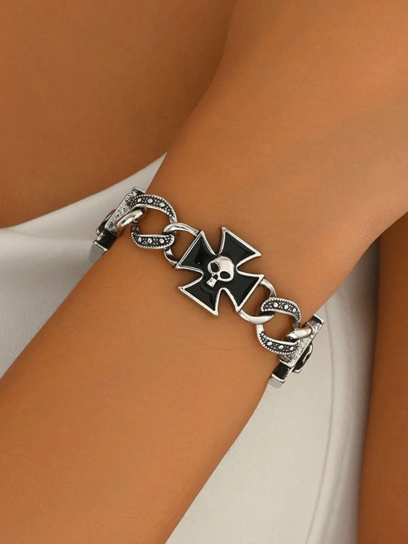 Gothic Skull Cross Chain Bracelet - Platinum-Plated, Resin & Stainless Steel, 8.3" Length