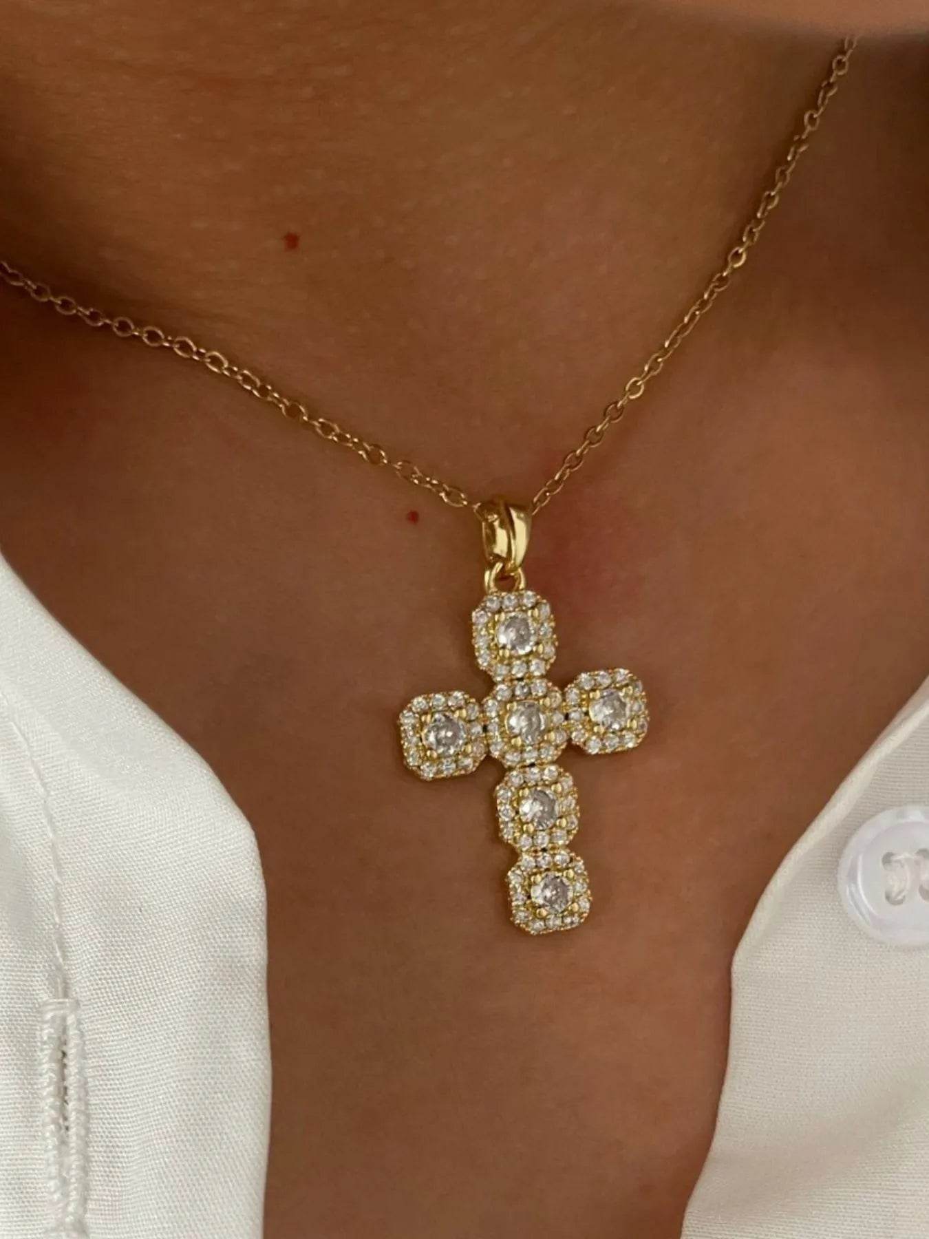 Elegant Stainless Steel Zircon Cross Necklace with 14K Gold-Plated Finish - 18.1 Inch Chain