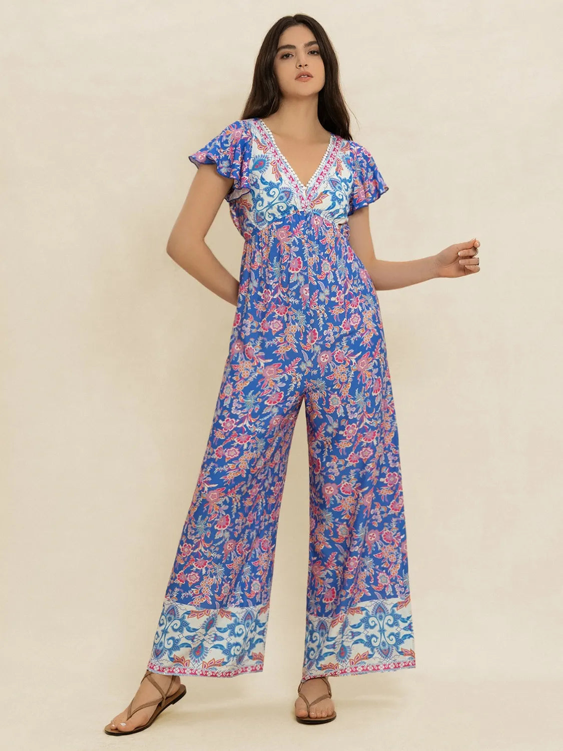 Stylish Printed V-Neck Wide Leg Jumpsuit with Buttoned Ruched Details - 100% Viscose