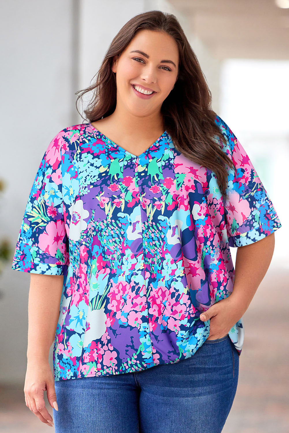 Casual Floral V-Neck Blouse with Half Sleeves – Trendy 100% Polyester Design