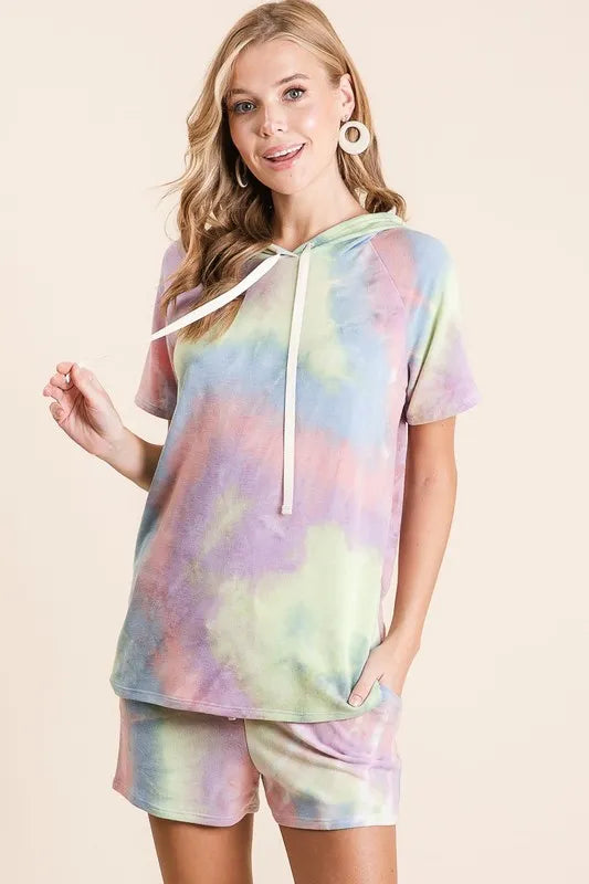 BiBi Tie Dye Terry Hoodie with Adjustable Drawstring and Pockets - Cozy Casual Style