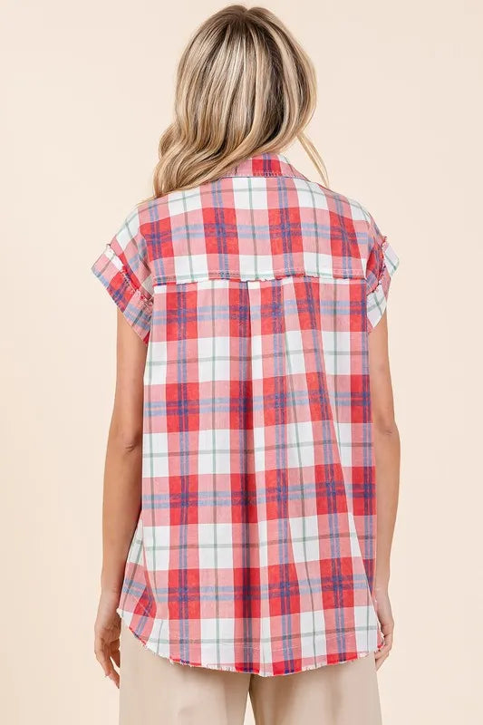 Trendy Mineral Wash Plaid Button Down Shirt with Pocketed Design - 100% Cotton