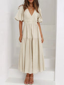 V-Neck Puff Sleeve Midi Dress Beige
