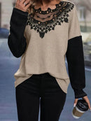 Lace Detail Color Block Long Sleeve T-Shirt - 100% Polyester, Stylish & Elegant Design - Store 42