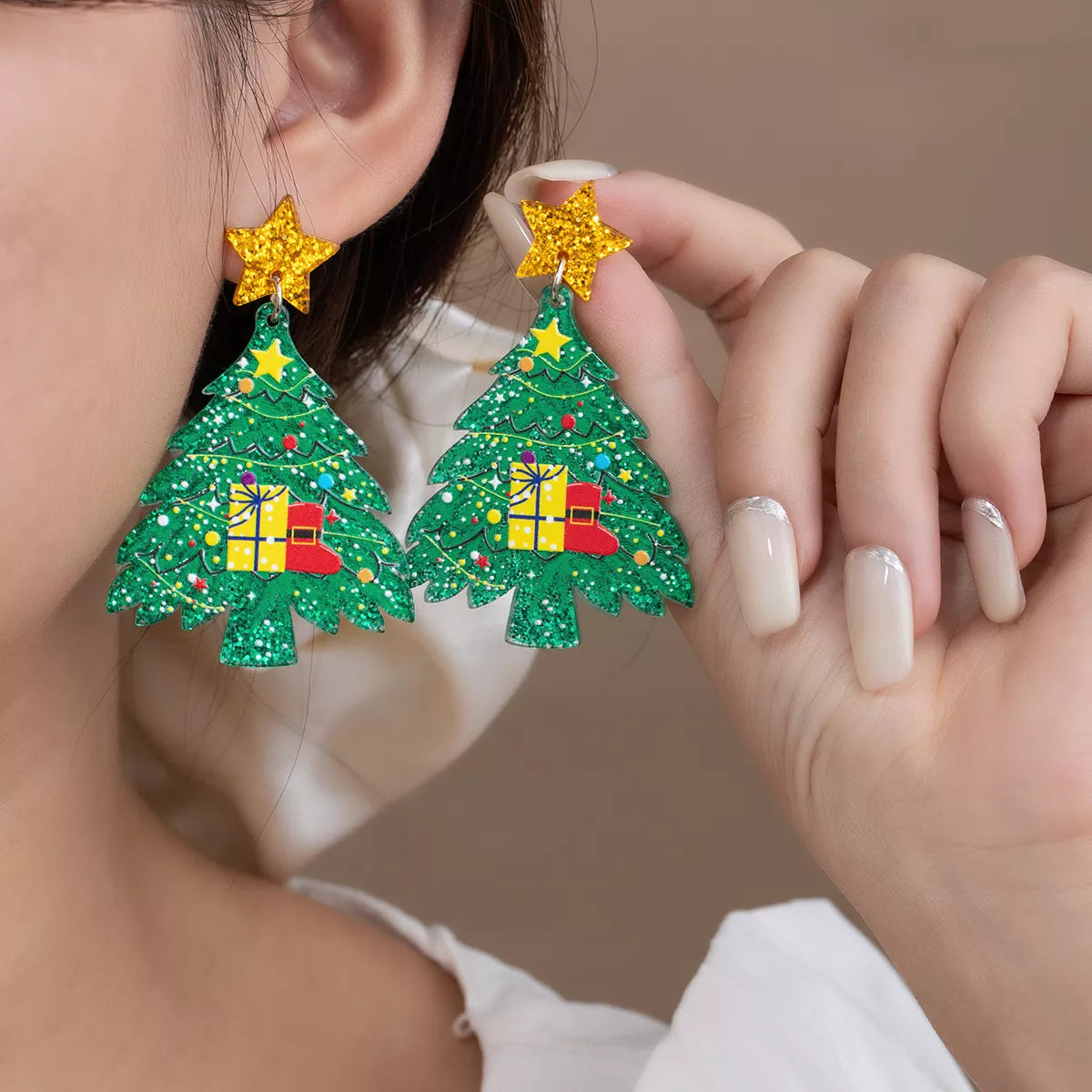 Charming Acrylic Christmas Tree Earrings with Stainless Steel Hooks - Festive Holiday Jewelry