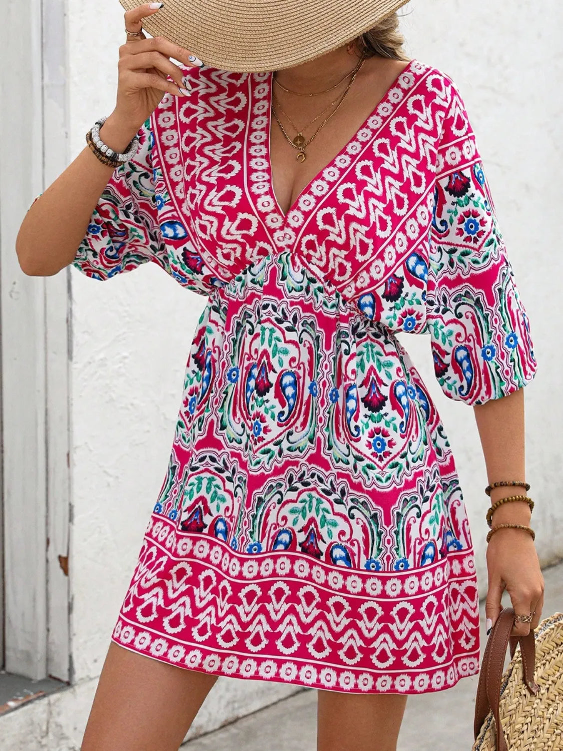 Chic Printed Tie-Back Half Sleeve Mini Dress – 100% Polyester, Machine Washable, Stylish Fit