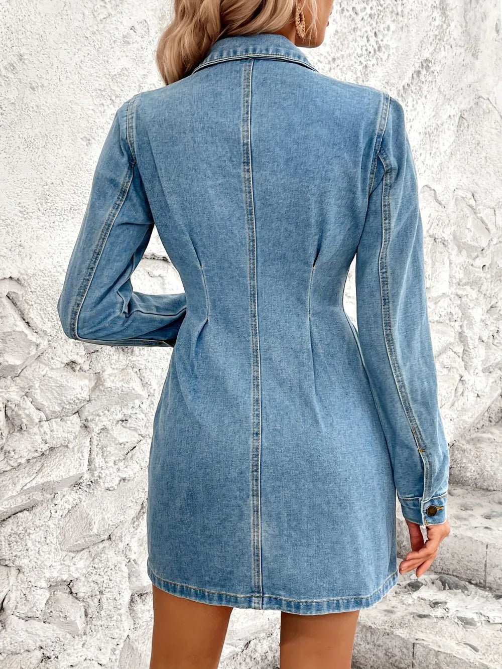 Stylish Pocketed Button-Up Long Sleeve Denim Dress for Women - 85% Cotton, Casual Chic Look