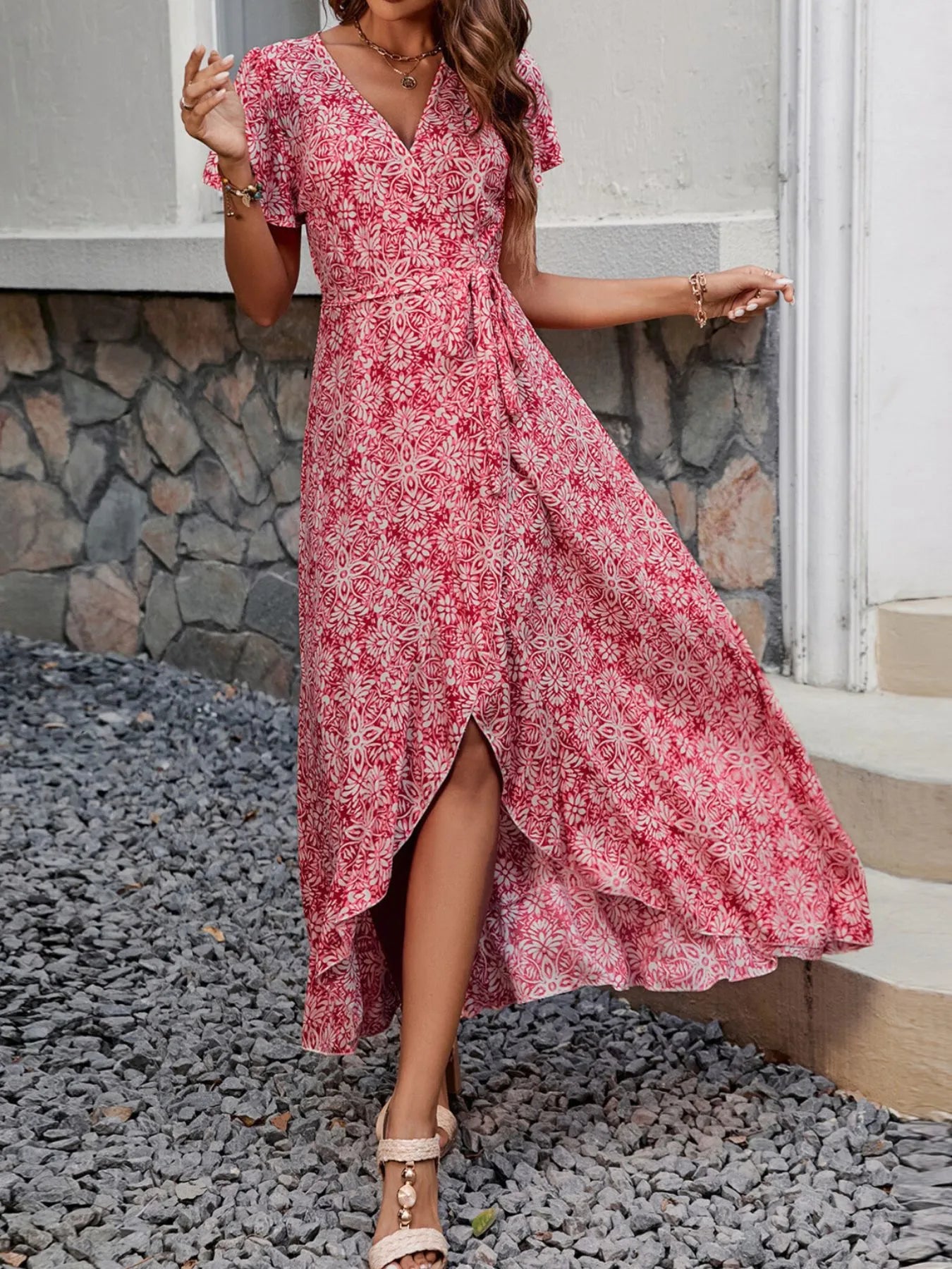 Printed Surplice Maxi Dress with Flutter Sleeves Red