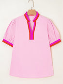 Contrast Trim Notched Short Sleeve Blouse