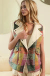 Double Take Full Size Snap Down Plaid Fleece Vest Coat with Pockets Multicolored