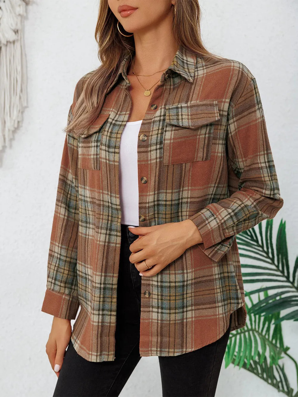 Plaid Collared Long Sleeve Button-Up Shirt with Pocket - 95% Polyester, Opaque, Trendy Style