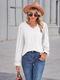 Elegant Eyelet V-Neck Blouse with Flounce Sleeves - Slightly Stretchy Cotton Blend - Store 42