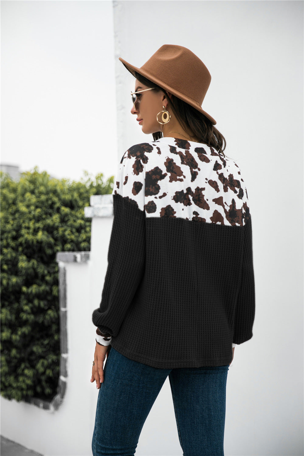 Waffle-Knit Animal Print Color Block Top with V-Neck and Buttoned Detail - Casual Long Sleeve