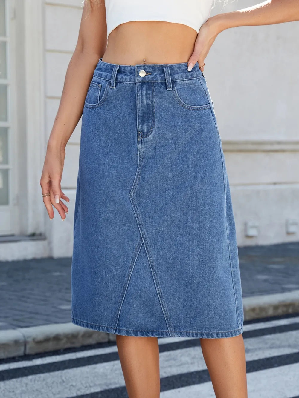 Trendsi Slit Back Midi Denim Skirt with Pockets - 65% Polyester, 35% Cotton, No Stretch