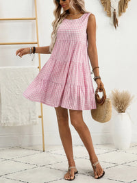 Plaid Round Neck Sleeveless Mini Dress