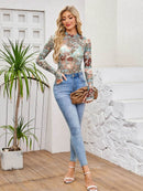 Floral Mock Neck Long Sleeve Top for Women - Slightly Stretchy, Comfortable Polyester Blend - Store 42