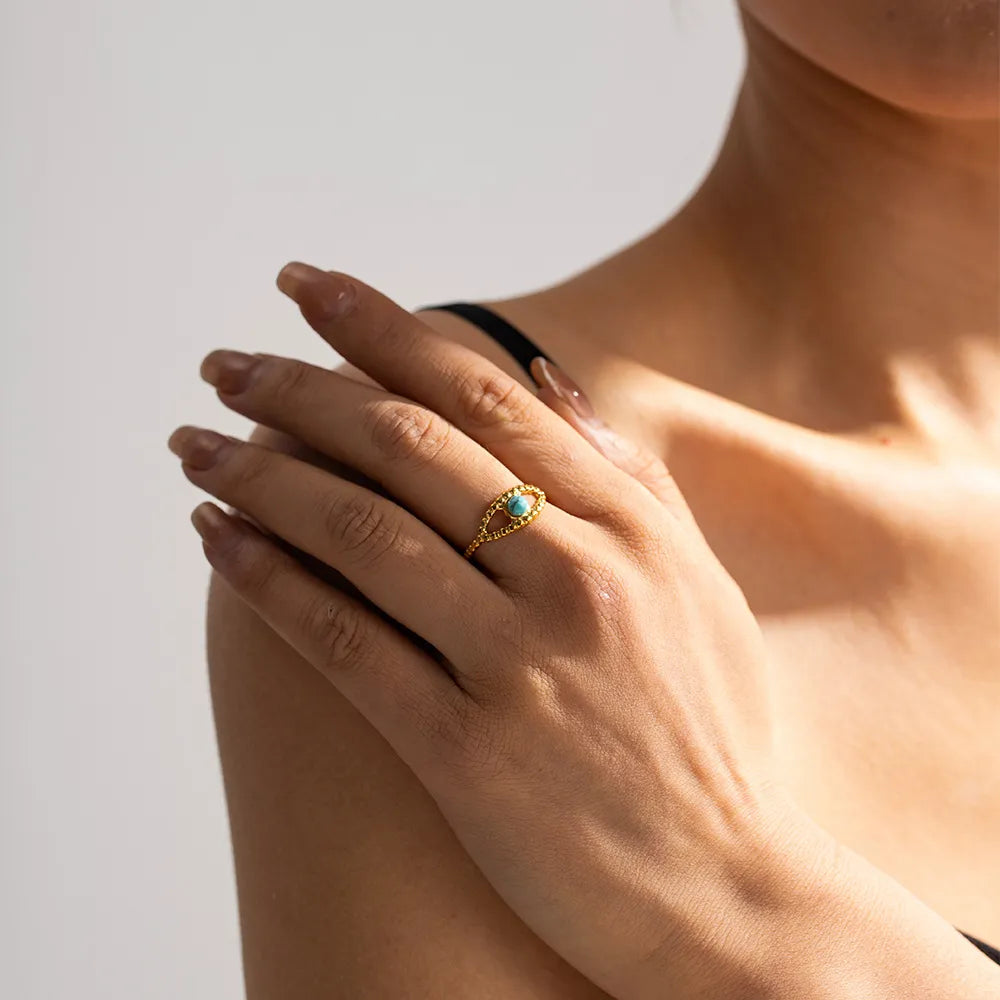 Stunning Turquoise Eye Design Ring with Gold-Toned Band - Bohemian Jewelry Piece