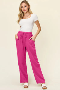 Double Take Full Size Texture Drawstring Straight Pants